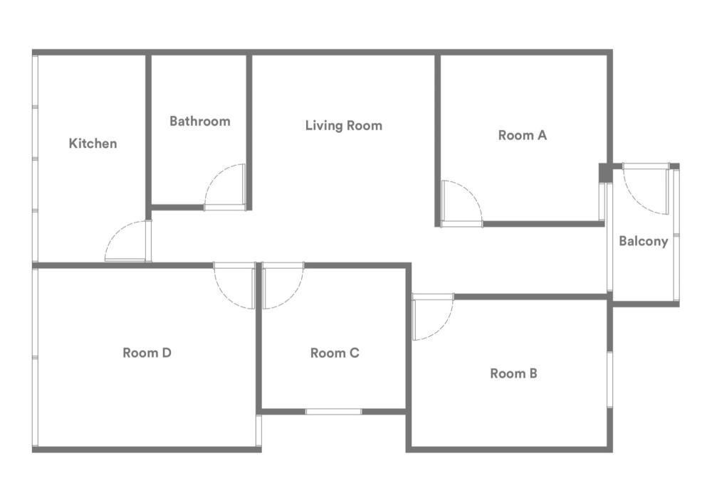 青寓禾禾四房一衛平面圖，包含 Room A、Room B、Room C、Room D、客廳、廚房、浴室與陽台